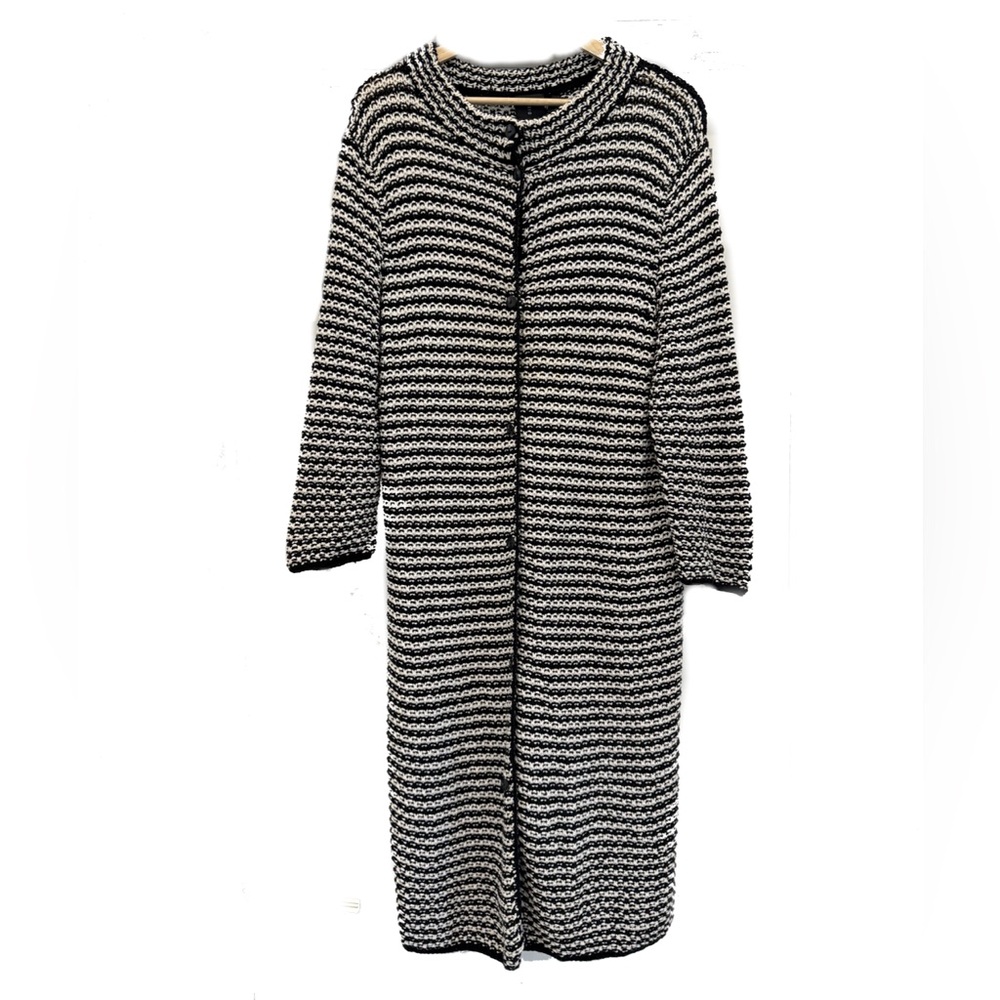 Magaschoni Chunky Knit Long Length Duster Cardigan Womens XL Striped Black White